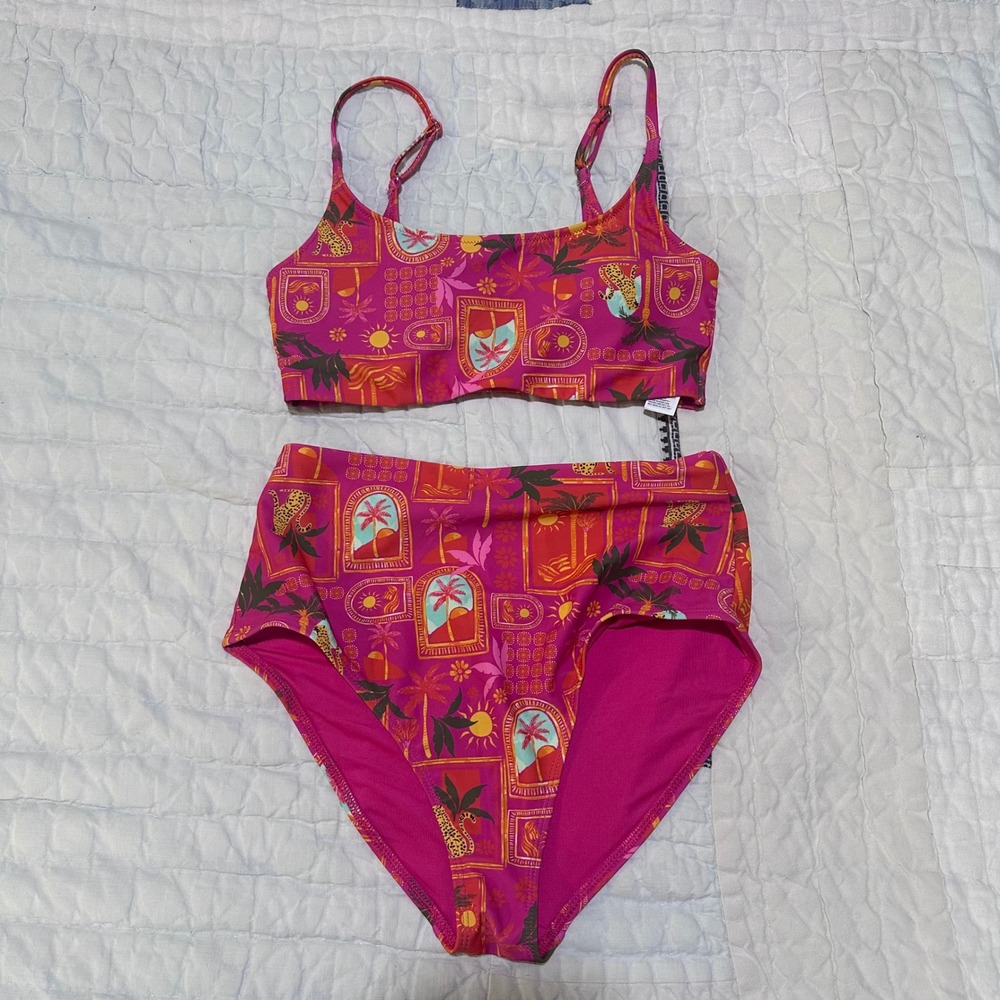 Old‎ Navy Bikini Set Pink Tropical Leopard High Waisted Small